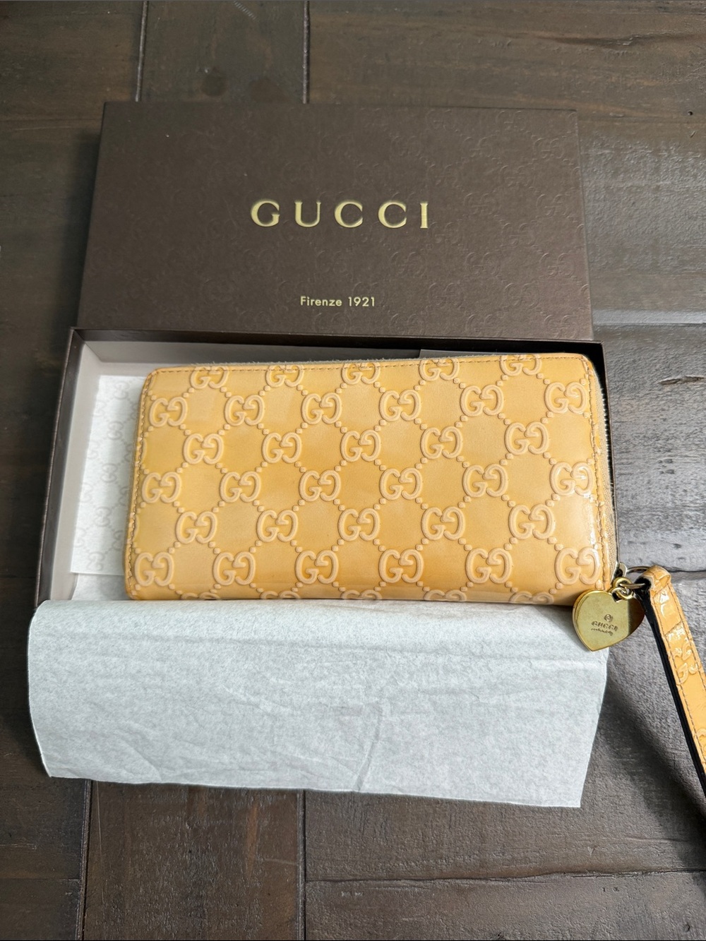 Gucci Yellow GG Monogram Zip-Around Wristlet with Heart Charm
